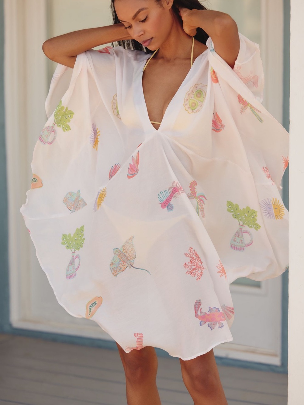 Anthropologie White Swim Coverup with Pastel Shell & Coral Prints